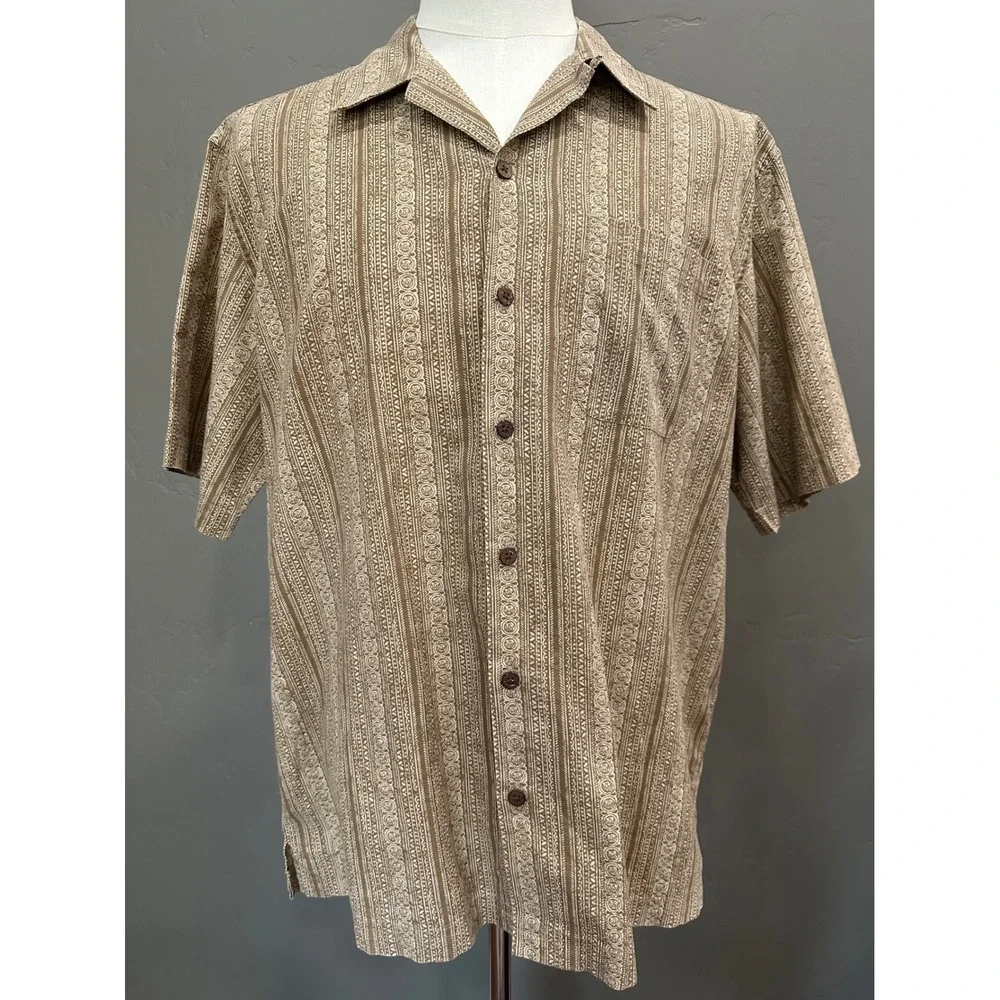 L.L. Bean Button Down Hawaiian Shirt SZ L Aztec Mayan Tiki Print Beach Casual